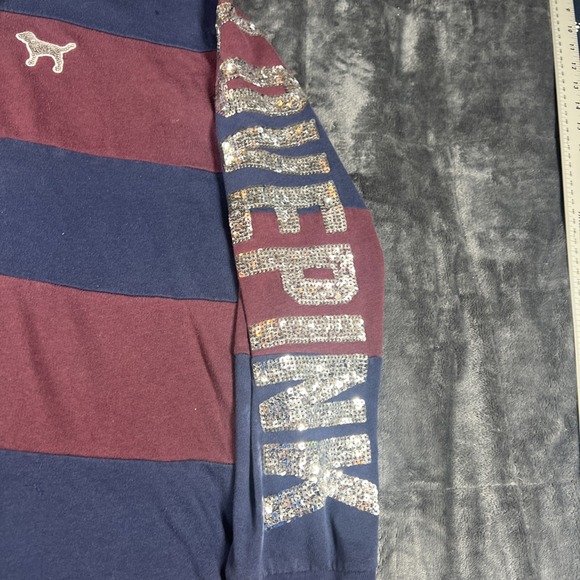 Victoria's Secret PINK SEQUINS BLING STRIPED‎ Hoodie RUGBY Perfect 1/4 Zip Large - Picture 2 of 14